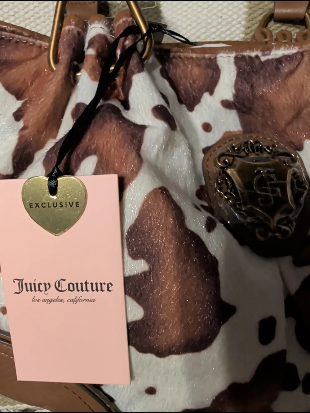 Juicy Couture Brown & White Cowhide Cowgirl Pink Bow Satchel Bag Nwt